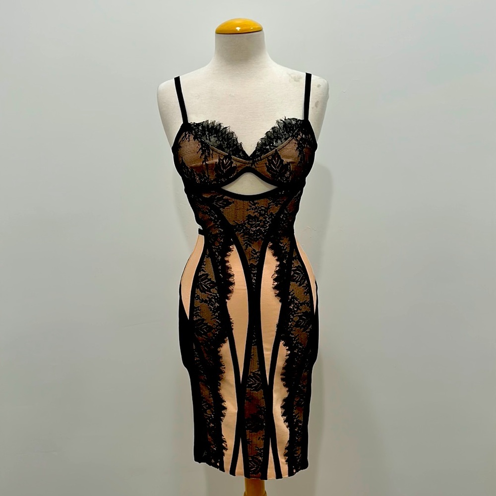 Elegant Black and Tan Lace Mini Dress